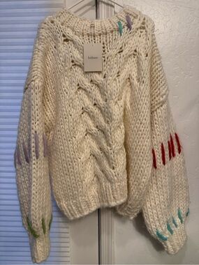 bohme Cream Cable Knit Sweater with Red, Purple, Green, Turquoise Accents